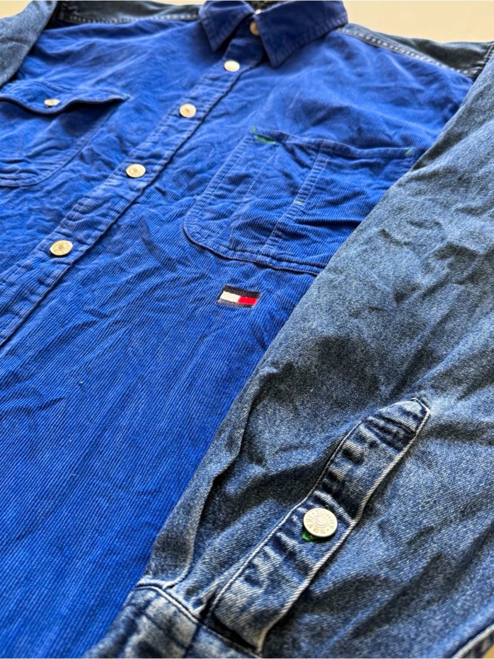 Vintage Tommy Hilfiger Blue Corduroy Body with Denim Sleeves Button-Down Shirt